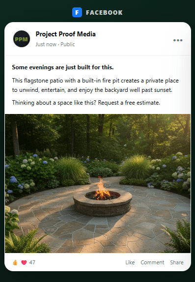 Circular flagstone patio with a central stone fire pit burning in a lush backyard.
